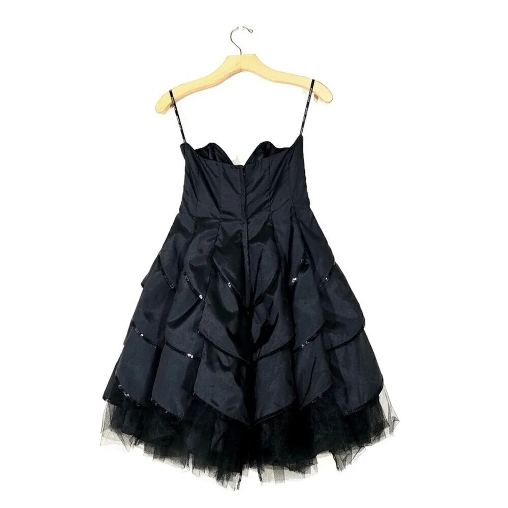 NEW Betsey Johnson Dahlia Whimsigoth Ruffle Tier Mini Dress Sequin Black Satin 8 - Picture 6 of 11